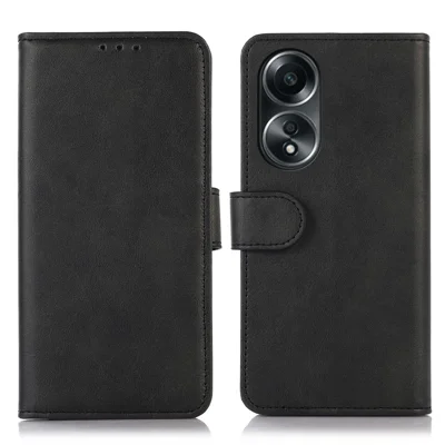 For Oppo A58 5G Cowhide Texture Phone Case Folio Flip Wallet Stand Leather Phone Cover - Black