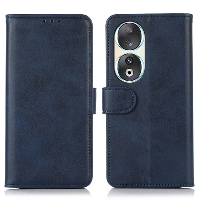 For Honor 90 Smartphone Case Cowhide Texture PU Leather Wallet Stand Phone Cover - Blue