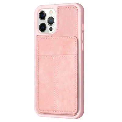 BF28 Kickstand-Hülle für iPhone 15 Pro Max, mattierter PU-Leder beschichteter TPU-Telefonrückenschutz mit Kartenfach - Pink