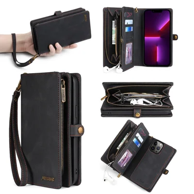 MEGSHI 017 Series For iPhone 15 Pro Max Zipper Pocket Wallet Leather Cover Magnetic Detachable Phone Case - Black