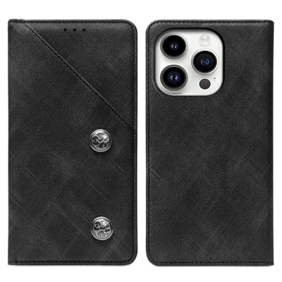 IDEWEI For iPhone 15 Retro Texture Mobile Phone Case PU Leather Shell Stand Magnetic Phone Cover with Card Slot - Black