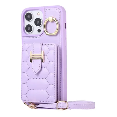 For iPhone 15 Pro PU Leather+TPU Cover Phone Shell Card Holder Cell Phone Cover with Ring Holder Kickstand - Light Purple