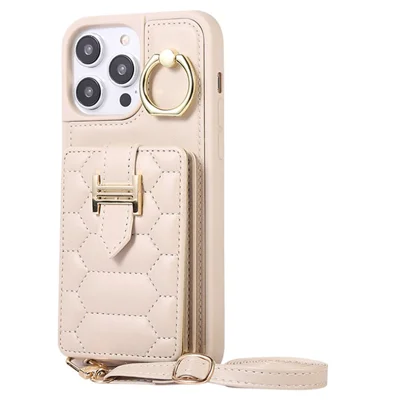For iPhone 15 Kickstand Phone Cover Case Slim-Fit PU Leather+TPU Card Holder Cell Phone Shell - Beige