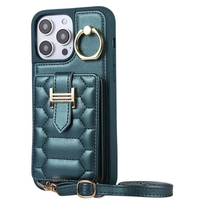 For iPhone 15 Pro Max Ring Holder Kickstand PU Leather+TPU Cover Phone Case Card Holder Cell Phone Shell - Blackish Green