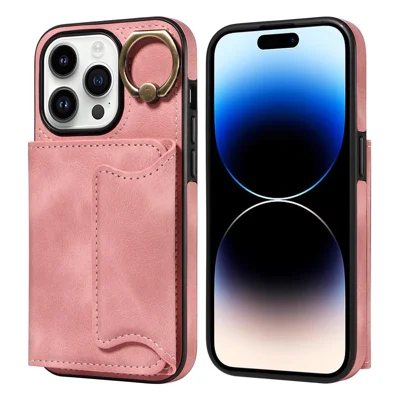 For iPhone 15 Pro Max Skin-touch PU Leather+TPU Cover Phone Case Card Holder Kickstand Phone Shell - Pink