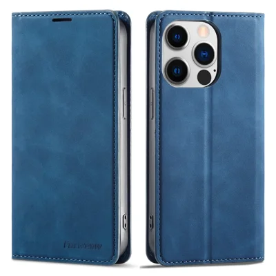 Série fantastique FORWENW pour iPhone 15 Pro Max Skin-touch Étui en cuir PU magnétique Étui de téléphone Portefeuille - Bleu
