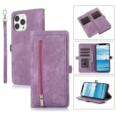 For iPhone 15 Plus Viewing Stand Wallet Case 9 Card Slots Zipper Pocket PU Leather Phone Cover with Strap - Purple