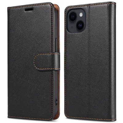 001 For iPhone 15 Plus Wallet PU Leather Stand Cover Magnetic Closure Phone Case RFID Blocking Function Shell - Black