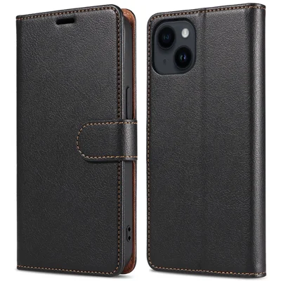 001 Чехол-кошелек для iPhone 15 Pro Max с магнитным застёжкой, RFID-защитой - Чёрный