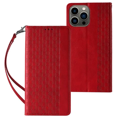 For iPhone 15 Plus Magnetic Closing Phone Case Imprinted PU Leather Wallet Stand Cover with Hand Strap - Red
