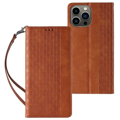 Para iPhone 15 Pro Max Magnetic Closing Imprinted Anti-fall Cover Leather Wallet Stand Phone Case with Strap - Brown
