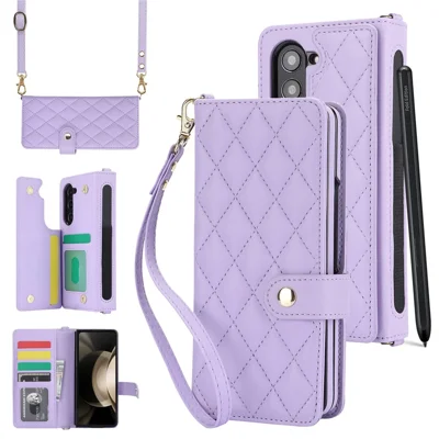 For Samsung Galaxy Z Fold5 5G PC+PU Leather Flip Cover Shockproof Wallet Phone Case with Straps - Purple