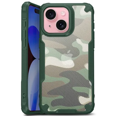 Camouflage Phone Shell for iPhone 15 , Shock-absorbed Case Twill Texture PC+TPU Phone Cover - Green