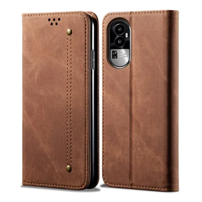Para Oppo Reno10 Pro+ 5G Jeans Cloth Texture Flip Wallet Case PU Leather Protective Stand Cell Phone Cover - Coffee