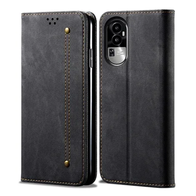 Für Oppo Reno10 Pro+ 5G Jeans-Stofftextur Flip-Wallet-Hülle PU-Leder Schützende Standzellentelefon-Abdeckung - Schwarz