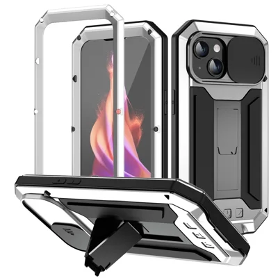R-JUST For iPhone 15 Slide Camera Lid Silicone+Metal+Plastic Phone Case Kickstand Cover with Tempered Glass Screen Protector - Silver