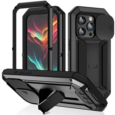R-JUST For iPhone 15 Pro Slide Camera Lid Kickstand Cover Silicone+Metal+Plastic Phone Case with Tempered Glass Screen Film - Black