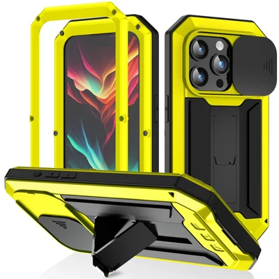 R-JUST For iPhone 15 Pro Max Slide Camera Guard Silicone+Metal+Plastic Kickstand Case Tempered Glass Screen Film Phone Cover - Yellow