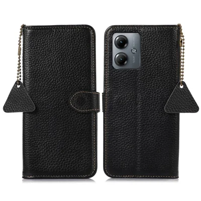 RFID Blocking Phone Cover for Motorola Moto G14 4G , Wallet Stand Genuine Cow Leather Phone Case - Black