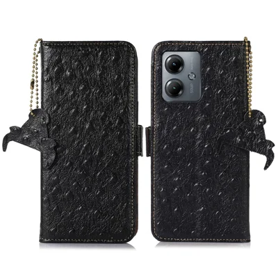 Genuine Cow Leather RFID Blocking Case for Motorola Moto G14 4G , Wallet Stand Phone Cover - Black