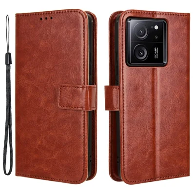 PU Leatheren Telefoonhoesje met Crazy Horse Structuur voor Xiaomi 13T / 13T Pro / Redmi K60 Ultra, Portemonnee- en Standhoes - Bruin