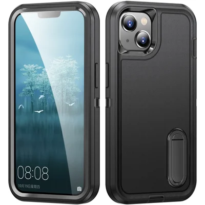 For iPhone 15 Plus PC+TPU Phone Case Shockproof Anti-Drop Cell Phone Cover with Kickstand - Black