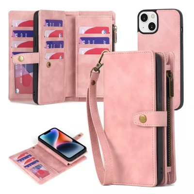 MEGSHI H1 Series For iPhone 15 Detachable 2-in-1 Wallet Case PU Leather+PC+TPU Phone Cover with Wrist Strap - Pink