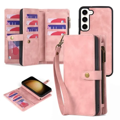 MEGSHI H1 Series For Samsung Galaxy S23+ Detachable 2-in-1 Wallet Leather Case Anti-fall Phone Cover with Wrist Strap - Pink