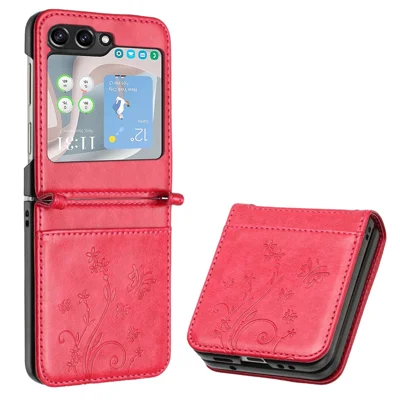 For Samsung Galaxy Z Flip5 5G Phone Case Imprinted Butterflies PU Leather Coated PC Cover - Red
