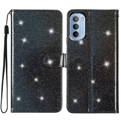 For Motorola Moto G62 5G Glittery PU Leather Wallet Stand Case Drop-proof Phone Cover - Black