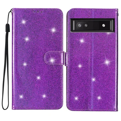 For Google Pixel 7a Glittery PU Leather Phone Case Shockproof Wallet Stand Cover - Purple