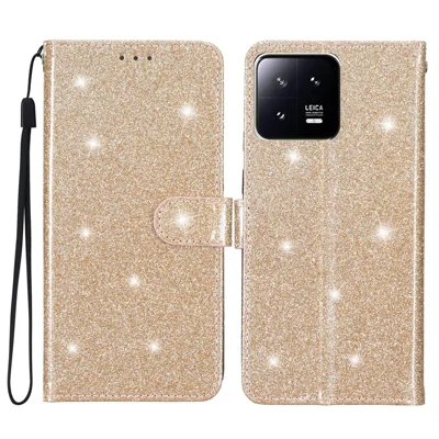 Glitzerndes PU-Leder-Handyhülle für Xiaomi 13, stoßfeste Brieftasche mit Ständer - Gold