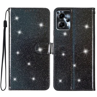 For Motorola Moto G13 4G / G23 4G Glittery Flip Wallet Stand Leather Case Anti-drop Phone Cover - Black