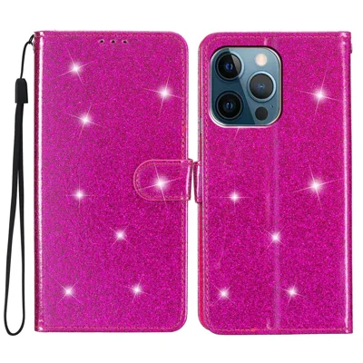 For iPhone 14 Pro Anti-fall Glittery PU Leather Case Foldable Stand Wallet Phone Cover - Rose