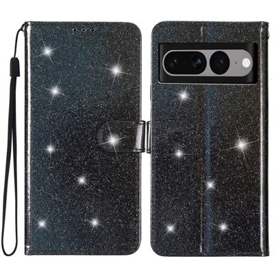 Glittery PU Leather Case for Google Pixel 7 Pro 5G Flip Wallet Stand Phone Cover with Strap - Black