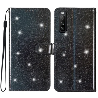 For Sony Xperia 10 V Anti-scratch PU Leather Case Glittery Wallet Stand Phone Cover - Black