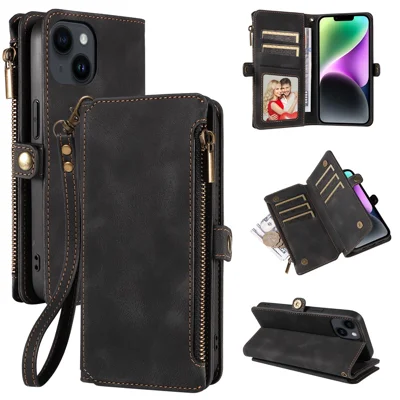 RFID Blocking Wallet Case for iPhone 15 Pro Max , Zipper Pocket Leather Stand Phone Cover - Black