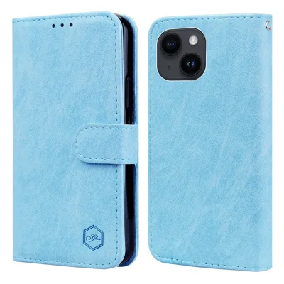 For iPhone 15 Solid Color PU Leather Wallet Case Drop Proof Cell Phone Stand Cover - Baby Blue