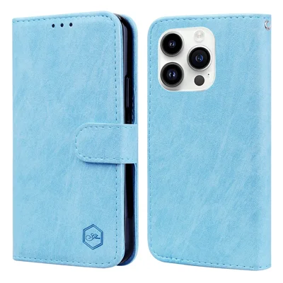 For iPhone 15 Pro Max Scratch Resistant Solid Color PU Leather Wallet Case Cell Phone Stand Cover - Baby Blue
