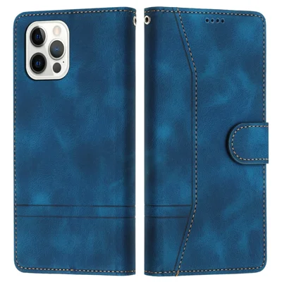 L002 For iPhone 13 Pro Max 6.7 inch Leather Wallet Stand Phone Case Shockproof Lines Imprinted Cover - Blue