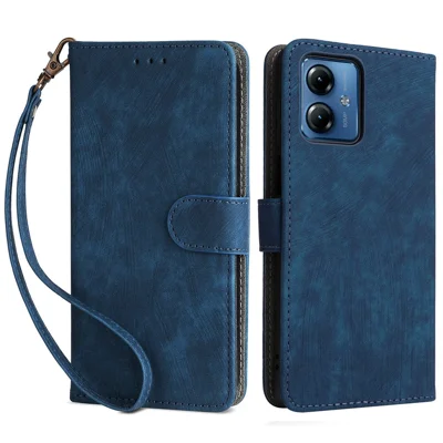 For Motorola Moto G14 4G Anti-Scratch Cell Phone Case Leather Stand Cover RFID Blocking Wallet Shell with Strap - Blue