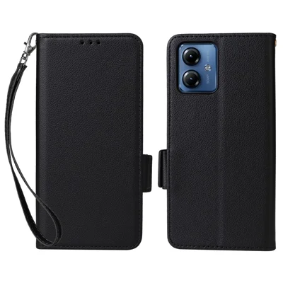 For Motorola Moto G14 4G Anti-Scratch Phone Case Leather Litchi Texture Wallet Stand Cover with Strap - Black