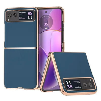 For Motorola Razr 40 5G Silky Shockproof Cover Genuine Cow Leather + PC Electroplating Phone Case - Blue