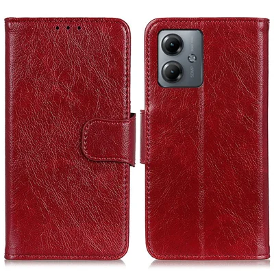 For Motorola Moto G14 4G Drop Protection Stand Wallet Phone Cover Nappa Texture Split Leather Phone Case - Red