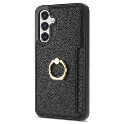 For Samsung Galaxy S23 FE Finger Ring Kickstand Phone Case PU Leather+TPU Card Holder Cover - Black