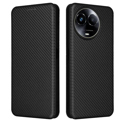 For Realme 11x 5G / 11 5G (Global) Carbon Fiber Texture Phone Case Card Holder Leather Stand Cell Phone Cover - Black