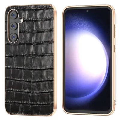 For Samsung Galaxy S23 FE Crocodile Texture Back Cover Anti-drop Genuine Cow Leather+PC+TPU Nano Electroplating Phone Case - Black