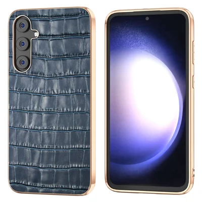For Samsung Galaxy S23 FE Crocodile Texture Back Cover Anti-drop Genuine Cow Leather+PC+TPU Nano Electroplating Phone Case - Blue