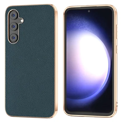 For Samsung Galaxy S23 FE Phone Case Litchi Texture Genuine Cow Leather+TPU+PC Nano Electroplating Cover - Green