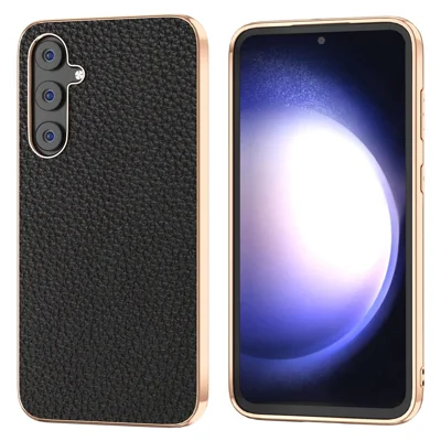 For Samsung Galaxy S23 FE Litchi Texture Back Cover Nano Electroplating Genuine Cow Leather Coated TPU+PC Phone Case - Black